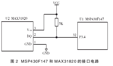 图 2  MSP430F147 和 MAX31820 的接口电路