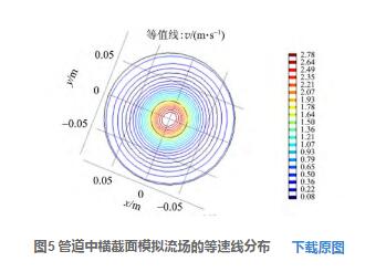 图5 管道中横截面模拟流场的等速线分布