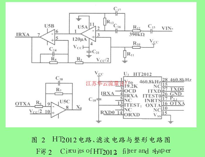 图 2　HT2012电路、滤波电路与整形电路图